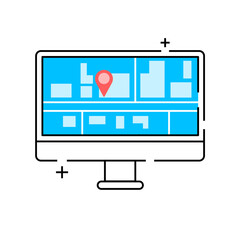 Icon desktop app with page GPS Navigation. Desktop with city map, checkpoint and taxi route. Vector on a yellow background