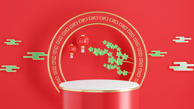 3d render of red podium with chinese new year concept  for product display.