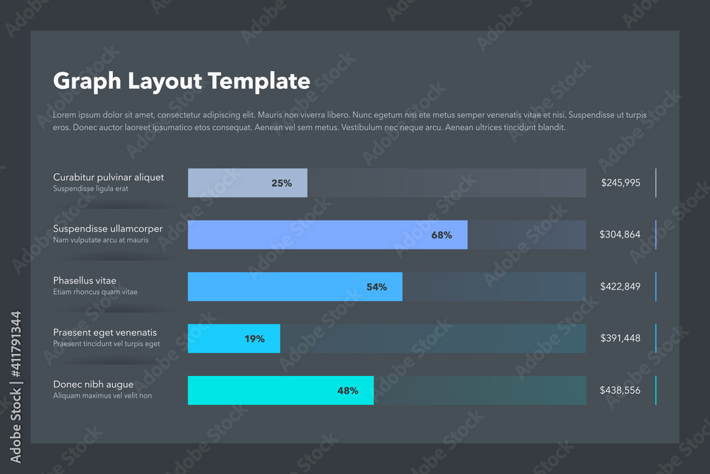 Aufkleber Statistics column horizontal graph layout template with place for your content - dark version. Flat design, easy to use for your website or presentation.