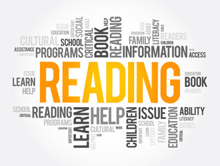 Reading word cloud collage, education concept background