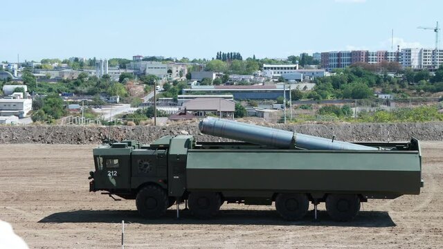 Military truck with a rocket launcher.