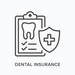 Dental insurance flat line icon. Vector outline illustration of paper tablet and shield. Black thin linear pictogram for tooth health protect
