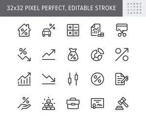 Finance investment simple line icons. Vector illustration with minimal icon - briefcase, portfolio, certificate, gold bar, mortgage, quotes, car loan pictogram. 32x32 Pixel Perfect Editable Stroke