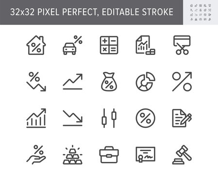 Finance Investment Simple Line Icons. Vector Illustration With Minimal Icon - Briefcase, Portfolio, Certificate, Gold Bar, Mortgage, Quotes, Car Loan Pictogram. 32x32 Pixel Perfect Editable Stroke