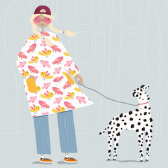 Flat vector illustration of a blonde woman walking with a cute dalmatian dog outdoors on the city street. Poster of a young lady with her adorable puppy. Pretty female walking the pet. - 411792757
