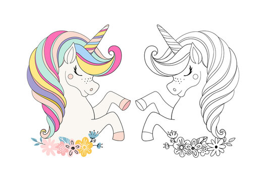 Coloring page Unicorn head with flower in boho design. Beautiful portrait of a magic horse for invitation, baby shower. Colorfull colored vector illustration isolated on white background