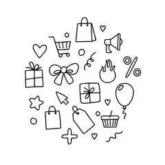 Black friday set of elements, doodle illustration