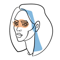 One line girl face portrait. Woman head. Contemporary drawing in modern cubism style