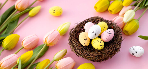 Fototapeta na wymiar Colorful easter quail eggs in nest and tulips on pink background with . Flat lay. Spring composition. Happy easter greeting card. Banner