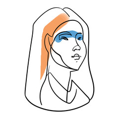 One line girl face portrait. Woman head. Contemporary drawing in modern cubism style