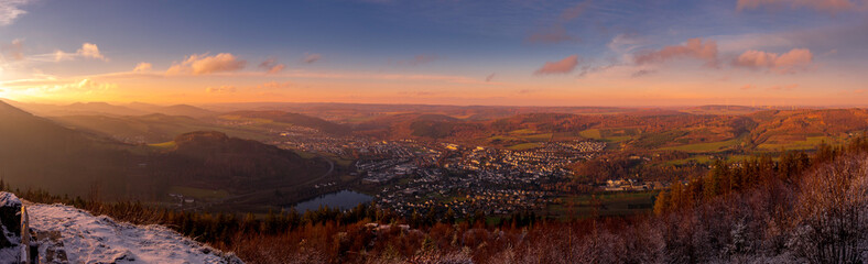 Panorama of the city of Olsberg in the Sauerland Mountains in Germany in winter - obrazy, fototapety, plakaty