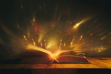 Magical image of open antique book over wooden table with glitter overlay