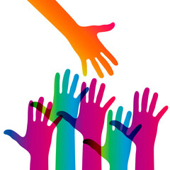 Hands on a light background. Colorful silhouettes arms.  Vector team, help, friendship symbol illustration.