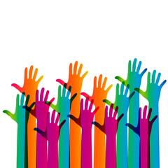 Fototapeta premium Hands on a light background. Colorful silhouettes arms. Vector team, help, friendship symbol illustration.