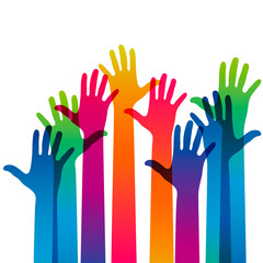 Hands on a light background. Colorful silhouettes arms.  Vector team, help, friendship symbol illustration.