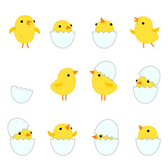 Cute cartoon funny yellow chickens in different poses with eggshell. Vector illustration for  for Easter design isolated on white background.