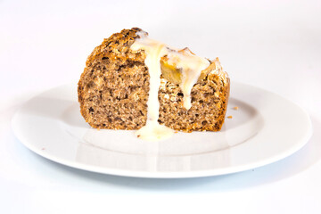 Pudding with banana close up