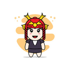 Cute business woman character design wearing samurai helmet costume.