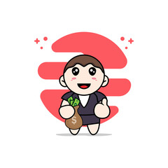 Cute business woman character holding a bag of money.