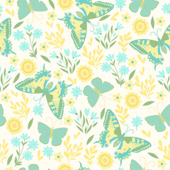 Butterflies and flowers in pastel colors seamless pattern. Vector graphics.