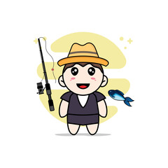 Cute business woman character holding a fishing rod.
