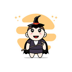 Cute business woman character wearing witch costume.