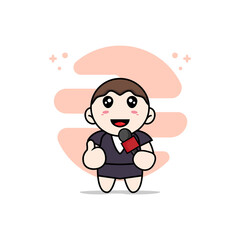 Cute business woman character holding a microphone.