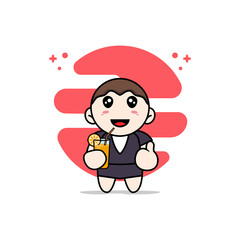 Cute business woman character holding a cup of juice