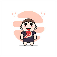 Cute business woman character holding a meat.