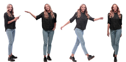 collage of photos of a positive young woman in jeans