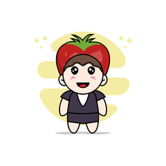 Cute business woman character wearing strawberry costume.