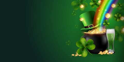Horizontal St. Patrick's Day background with beer, leprechaun hat, rainbow, coins, trefoil clover, pot and riches. Vector illustration.Space for text
