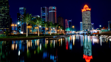 Fototapeta premium 12 February 2019- Colorful Skyline of Doha Qatar City during nig