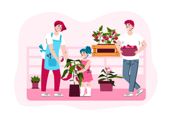 Farming and gardening on city balcony. Family are growing and harvesting of vegetables and caring about flowers. Vector flat illustration.