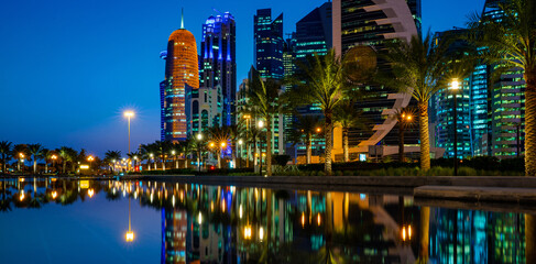 12 February 2019- Colorful Skyline of Doha Qatar City during nig