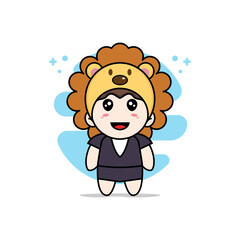 Cute business woman character wearing lion costume.
