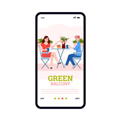 Green city balcony. Young man and woman sit at table, drink beverages, talk and resting in home garden among flowers and potted plants. Mobile phone screen. Vector illustration.