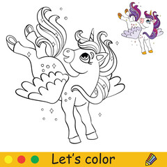 Cute unicorn with wings. Coloring book page with colorful template. Vector cartoon illustration isolated on white background. For coloring book, preschool education, print, design, decor and game.