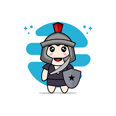 Cute business woman character wearing gladiator costume.