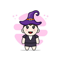 Cute business woman character wearing witch hat.