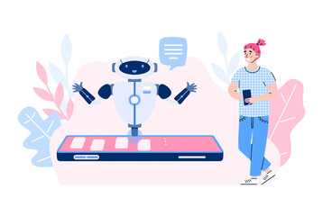 Young man communicating with chatbot application, cartoon vector illustration isolated on white background. Technical or customer service support app.