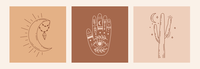 Magic line art poster with hands, cactus, moon © anya