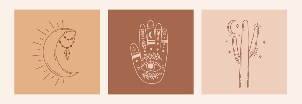 Magic line art poster with hands, cactus, moon