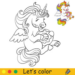 Cute little unicorn eating a doughnut. Coloring book page with colorful template. Vector cartoon illustration isolated on white background. For coloring book, preschool education, print, design, game
