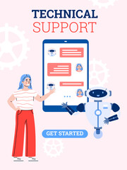 Woman communicating with technical support chatbot banner concept. Artificial intelligence technology of clients support service, cartoon vector illustration.