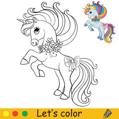 Cute little unicorn with flowers. Coloring book page for children with colorful template. Vector cartoon illustration isolated on white background. For coloring book,preschool education,print and game © alinart