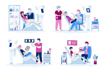 Fototapeta premium Patients in chair and dentists specialist examining or treating teeth set. People visiting dental clinic, cartoon vector illustration isolated on white background.