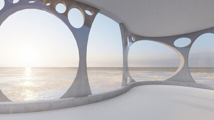 Naklejki  Architektura wnętrza pokoju tła z widokiem na morze 3d render