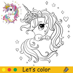 Cute little head of unicorn. Coloring book page with colorful template. Vector cartoon illustration isolated on white background. For coloring book, preschool education, print, design, decor and game.