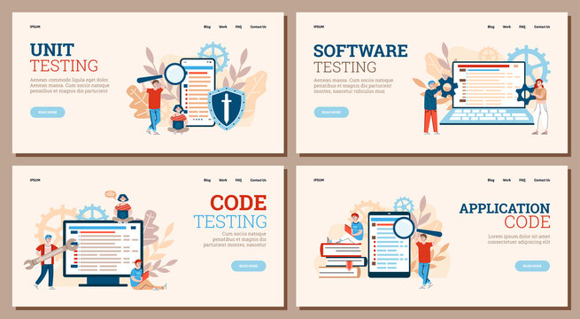 Code testing web banners set with characters of people programing website and application software, cartoon vector illustration. Web site for unit code testing service.